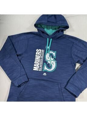 Seattle Mariners Hoodie Blue Solid Majestic MLB Sweatshirt Pockets Mens Small